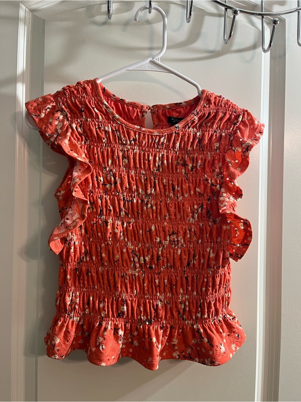 Xtraordinary Coral Floral Smocked Ruffle Top